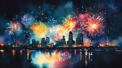 A celebratory fireworks show exploding in brilliant colors over a city skyline at midnight, watercolor art. Midnight Horizon. Illustration