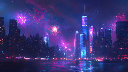 A city skyline at midnight with colorful fireworks illuminating the sky, creating a vibrant atmosphere for new year's eve. Midnight Horizon. Illustration