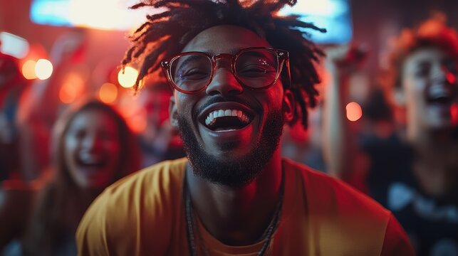 A joyful man with dreadlocks and glasses enjoys the vibrant atmosphere of a bustling nightclub filled with people.