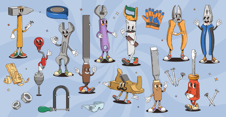 Retro groovy diy and repair tools characters. Vector set of friendly hammer, wrench, saw, and plane, chisel, screwdriver, drill, gloves and pliers with expressive faces, playful handyman work tools