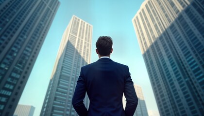Fototapeta premium Confident businessman stands in urban setting. Looks up at skyscrapers. In suit, focused on business future. Successful pro envisions company growth. Modern leadership in city. Urban business