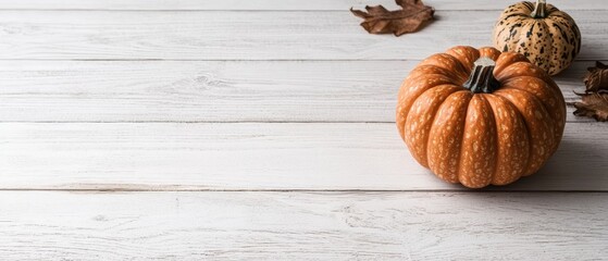 Two pumpkins and autumn leaves on a white wooden surface