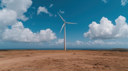 Single wind turbine on a hilltop overlooking the ocean