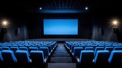 Modern cinema auditorium with blue screen and empty seats for movie viewing experience and entertainment events