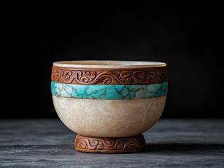 Ornate carved wooden bowl with turquoise inlay