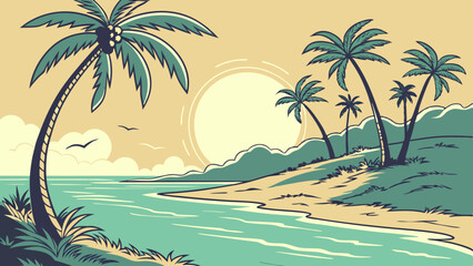 A vector illustration of a tropical beach with palm trees, clear water and a shining sun in the background