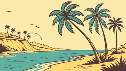 A vector illustration of a tropical beach with palm trees, clear water and a shining sun in the background