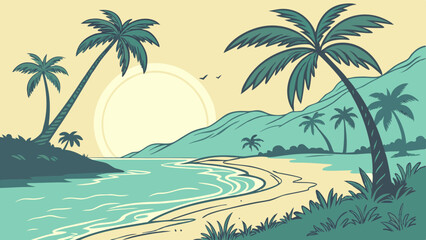 A vector illustration of a tropical beach with palm trees, clear water and a shining sun in the background
