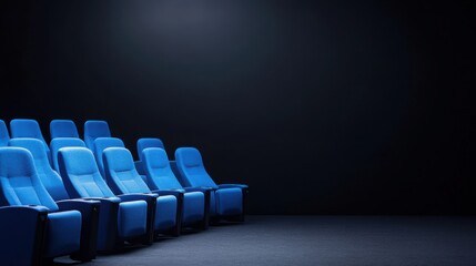 Fototapeta premium Empty Blue Theater Seats in a Dark Minimalistic Cinema Environment with Focus on Comfort and Relaxation