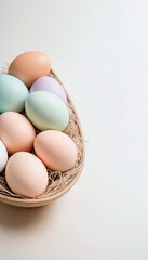 A set of pastel Easter eggs arranged on a neutral background, leaving space for branding or holiday messages. Perfect for seasonal designs.