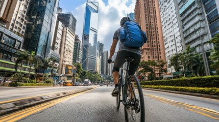 A man with a beard rides a bicycle on a city street surrounded by tall buildings, showcasing urban life and transportation.