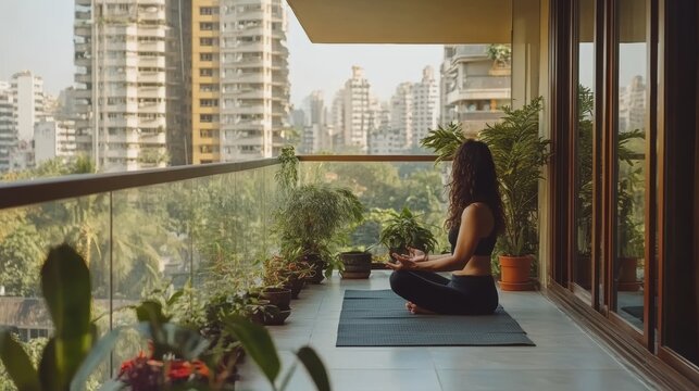 A woman practices yoga on a mat while seated on her balcony, enjoying the fresh air and tranquility of her surroundings.