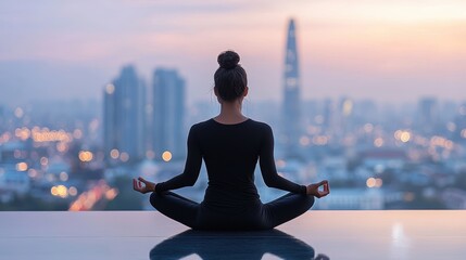 A woman sits in a lotus position on a rooftop, peacefully meditating while enjoying a panoramic view of the city skyline.