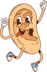 Cartoon ear groovy medicine and health character jumps joyfully with sticking tongue showing playful vibe. Isolated vector human body organ personage with retro sneakers and cheerful, smiling face