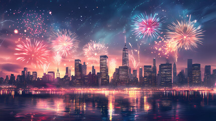 City skyline glowing with fireworks and dazzling lights, new year's countdown, welcoming midnight. Midnight Horizon. Illustration