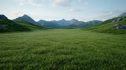 Serene mountain meadow landscape with lush green grass