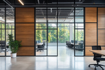 Obraz premium Modern office interior with glass partitions, wooden walls, and minimalistic furniture in spacious, bright workspace. 3D Rendering 