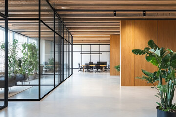 Modern office interior with glass partitions, wooden walls, and minimalistic furniture in spacious, bright workspace. 3D Rendering 
