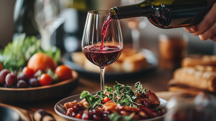 Pouring Red Wine at a Dinner Table Setting
