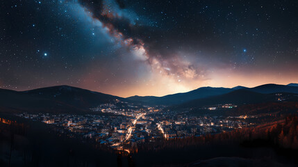 Cityscape under milky way. Midnight Horizon. Illustration