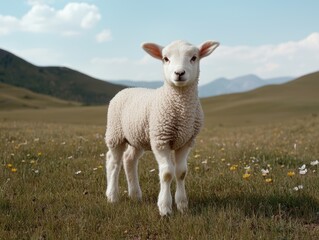 Adorable lamb standing in a field of flowers