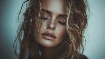 Naklejka premium A serene woman with long hair sitting peacefully, her eyes gently closed, embodying tranquility and reflection.
