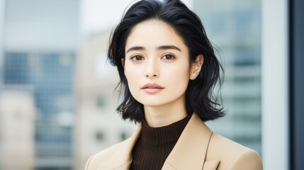 Arafed woman wearing a tan jacket and black turtleneck poses confidently for a photograph, showcasing her style and cultural identity.