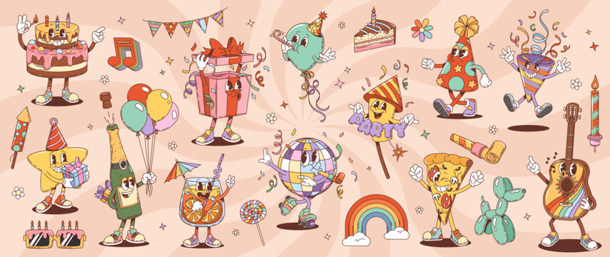 Retro groovy birthday and anniversary holiday characters vector set. Vintage party cake, present, balloon, fireworks and cocktail. Pizza, disco ball and champagne bottle celebrating festive occasion