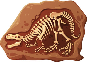 Dino fossil skeleton bones, dinosaur relics in brown rock. Isolated cartoon vector tyrannosaurus rex predator complete skeletal structure, paleontological finds and prehistoric life scientific item