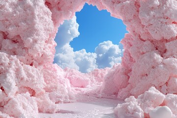 Pink fluffy landscape with a blue sky and clouds