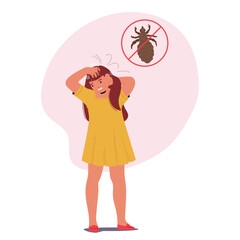 Little pretty girl child cartoon character scratching head suffering from pediculosis contamination