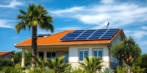 Fototapeta premium modern spanish house with solar pannel blue sky summer palm tree
