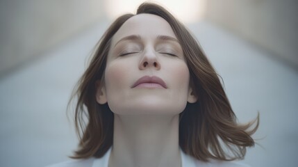 Naklejka premium A serene woman with closed eyes appears to be in deep contemplation or meditation, radiating calm and tranquility.