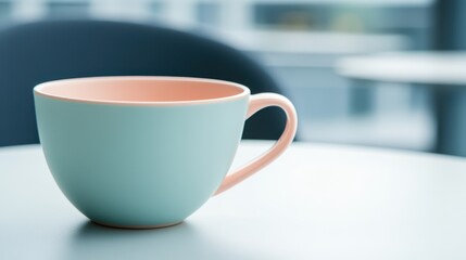 Fototapeta premium A cup is placed on a table, with a chair visible in the background, creating a simple and inviting scene.