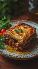 Delicious Homemade Moussaka on Rustic Plate with Fresh Parsley Garnish and Juicy Cherry Tomatoes - Authentic Greek Cuisine Enjoyed in Warm Ambience