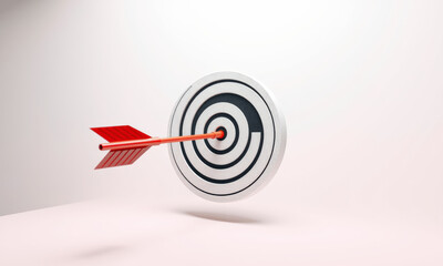red arrow hitting circular target with concentric black and white rings symbolizes focus and achievement. This represents precision and goal setting in various contexts