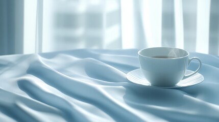 A cozy scene featuring a cup of coffee resting on a saucer placed on a bed, creating a warm and inviting atmosphere.