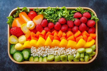 A wooden tray filled with lots of different types of fruit