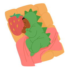 Sweet newborn baby wearing cute crocodile pajamas sleeping sucking thumb lying in bed cradle