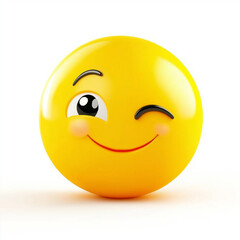Fototapeta premium Yellow emoji with one closed eye and a soft smile, radiating calm joy and friendliness, isolated on a white background