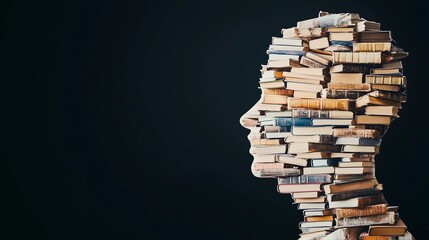 Books create a silhouette of a human figure symbolizing knowledge and imagination in a dark setting