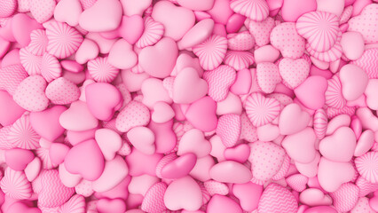 Light pink textured hearts background for Valentine's Day. Pile of hearts. Romantic backdrop. 3d render illustration