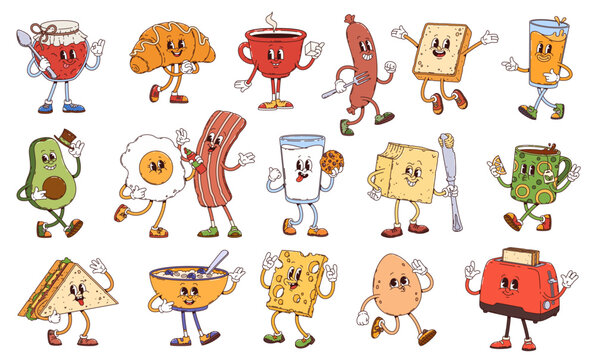 Retro groovy breakfast characters or cartoon food with funny faces, vector icons. Groovy breakfast characters or bacon and egg with porridge and toast bread with butter, cheese with milk and cookie