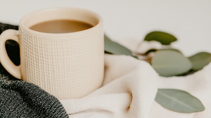 A cup of coffee rests on a clean, white tablecloth, inviting relaxation and enjoyment.