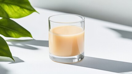A glass of milk rests on a table beside a green plant, showcasing a simple and refreshing scene of home comfort.