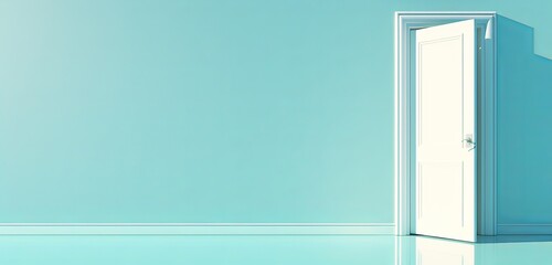 A white door stands open on the right, softly illuminated against a gray background. Symbolizing cre