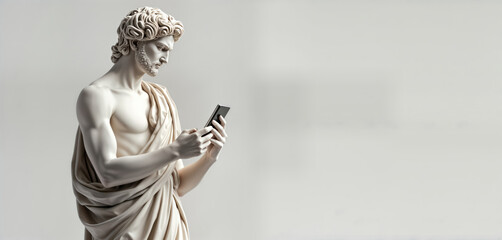 Classical statue holding smartphone. Ancient Greek style male figure uses modern tech. Art meets...