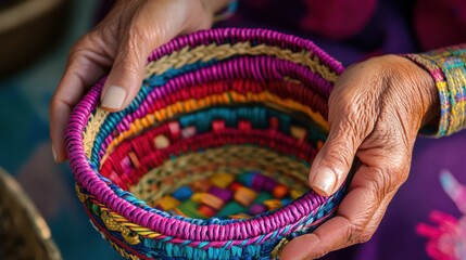 A person holds a vibrant basket featuring an intricate beaded pattern, showcasing artistry and color.