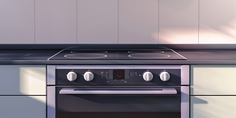 Fototapeta premium With a black ceramic cooktop and a transparent glass oven door, this realistic modern kitchen cooker set shows an electric stove, Generative AI.