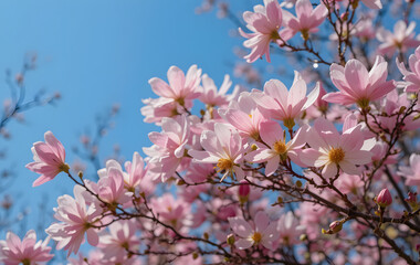 Obraz premium Delicate Dogwood Tree Flowers Blooming Against A Clear Blue Sky
